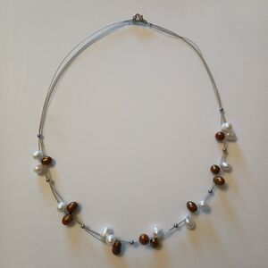 Womens Floating Brown White Beaded Silver Tone Multi Strand Necklace